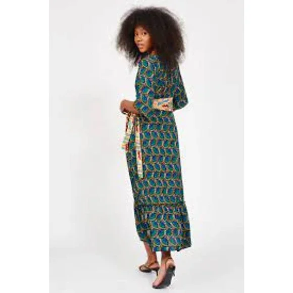 Silk & Salt Journey Maxi Wrap Dress African Peacock Print Green Blue NEW Medium - Picture 3 of 12